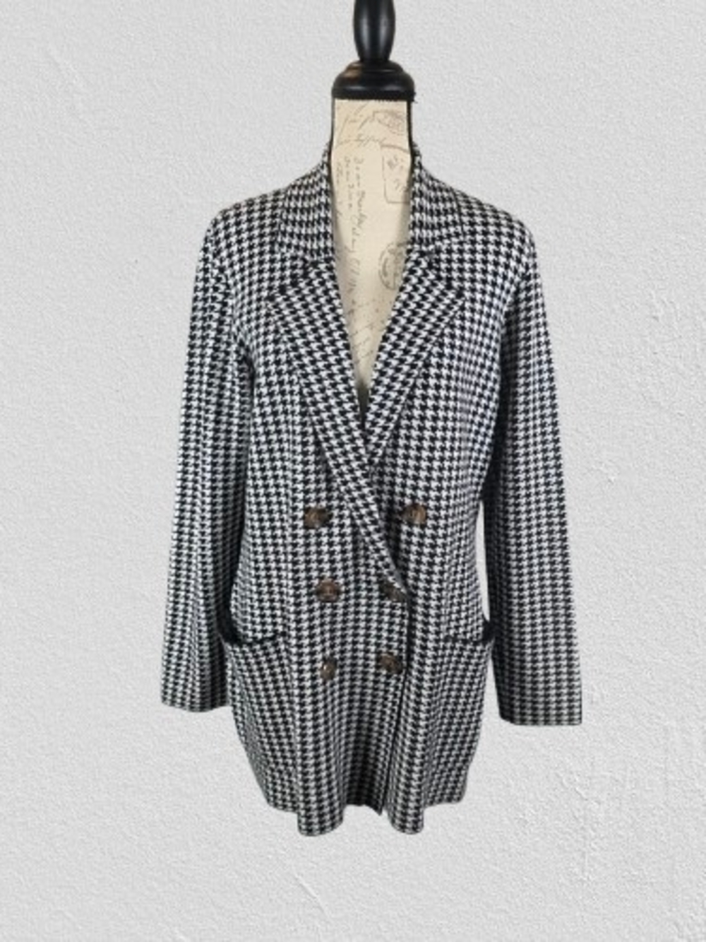 Marled Classic Black & White Houndstooth Double-Breasted Knit Sweater Blazer W L